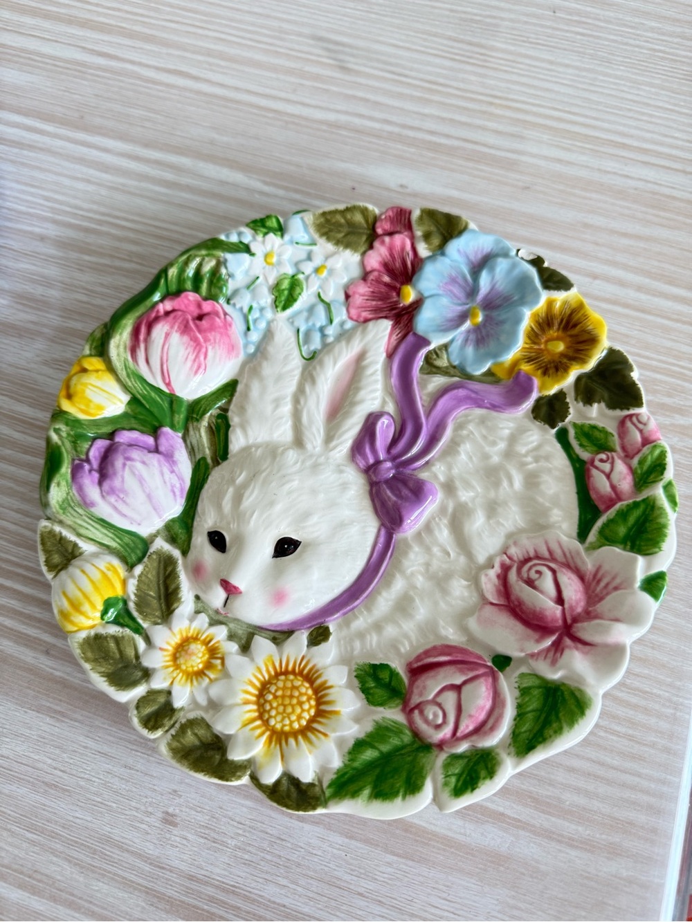 Floral Bunny Ceramic Wall Plaque in White and Pastel